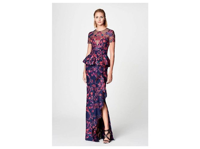 Autre Marque Marchesa Notte Florales Besticktes Peplum-Abendkleid Pink Bordeaux Lila - Ansicht 7