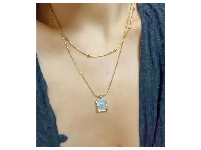 Autre Marque Collar de doble capa dorado con colgante rectangular de nácar Blanco - vista 8