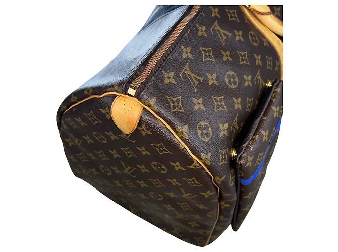 Louis Vuitton Keepall 60 Custom Vermeer Girl With a Pearl Earring Marrone Bianco Blu Multicolore - vista 12