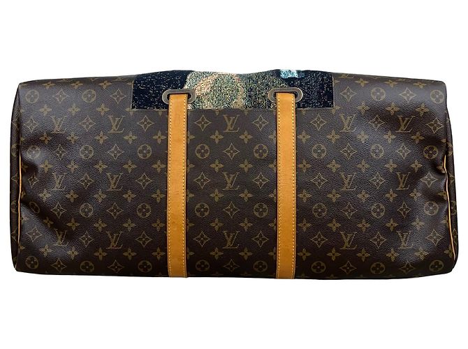 Louis Vuitton Keepall 60 Custom Vermeer Girl With a Pearl Earring Marrone Bianco Blu Multicolore - vista 3