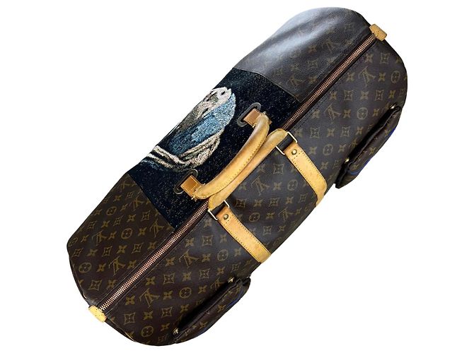 Louis Vuitton Keepall 60 Custom Vermeer Girl With a Pearl Earring Marrone Bianco Blu Multicolore - vista 4
