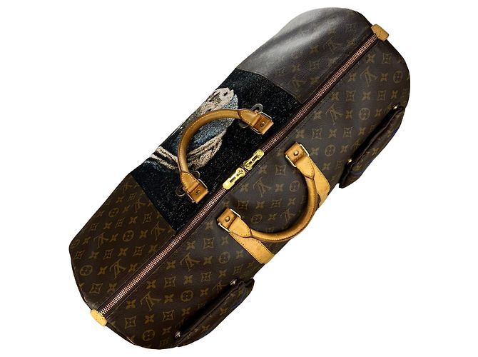 Louis Vuitton Keepall 60 Custom Vermeer Girl With a Pearl Earring Marrone Bianco Blu Multicolore - vista 5