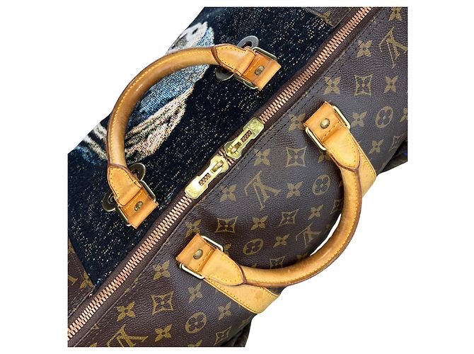 Louis Vuitton Keepall 60 Custom Vermeer Girl With a Pearl Earring Marrone Bianco Blu Multicolore - vista 8