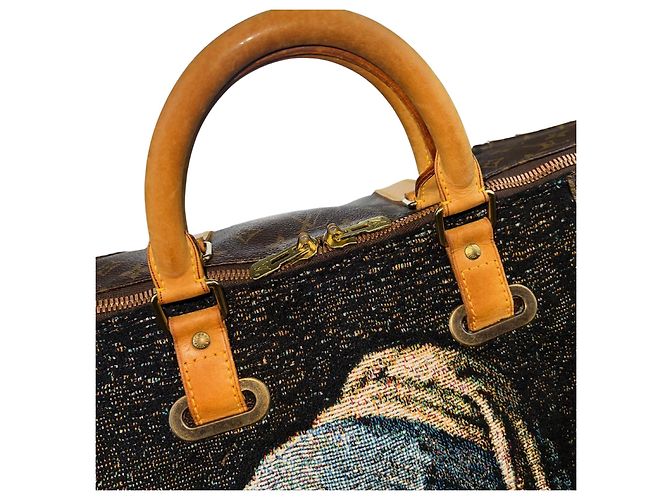 Louis Vuitton Keepall 60 Custom Vermeer Girl With a Pearl Earring Marrone Bianco Blu Multicolore - vista 9