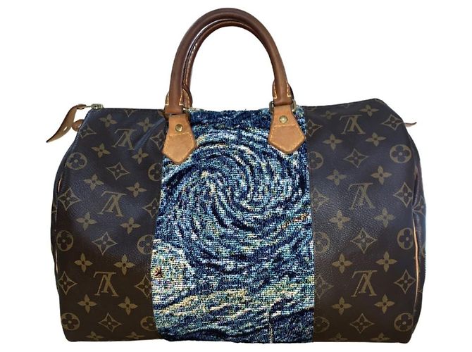 Louis Vuitton Speedy 35 The Starry Night Custom Van Gogh Borsa Marrone Bianco Blu Giallo - vista 2