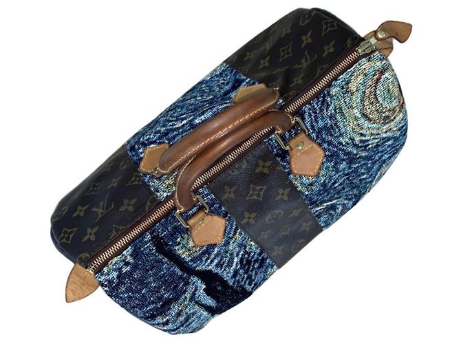Louis Vuitton Speedy 35 The Starry Night Custom Van Gogh Borsa Marrone Bianco Blu Giallo - vista 3