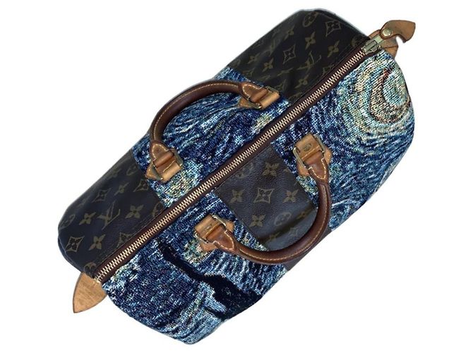 Louis Vuitton Speedy 35 The Starry Night Custom Van Gogh Borsa Marrone Bianco Blu Giallo - vista 4