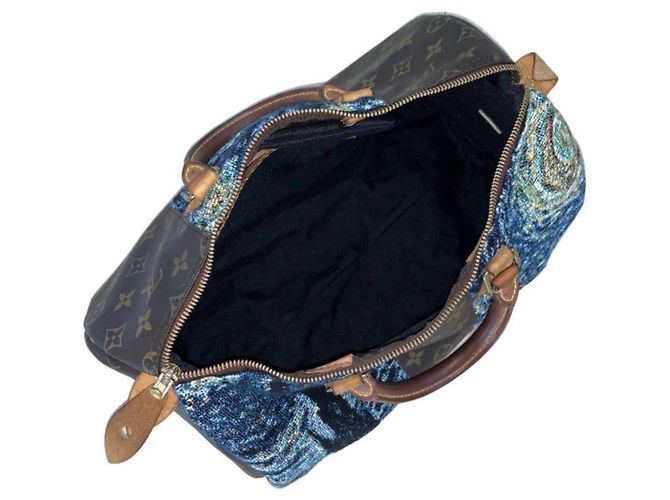 Louis Vuitton Speedy 35 The Starry Night Custom Van Gogh Borsa Marrone Bianco Blu Giallo - vista 5