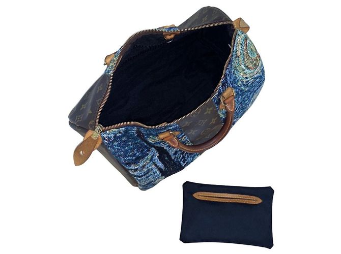 Louis Vuitton Speedy 35 The Starry Night Custom Van Gogh Borsa Marrone Bianco Blu Giallo - vista 6
