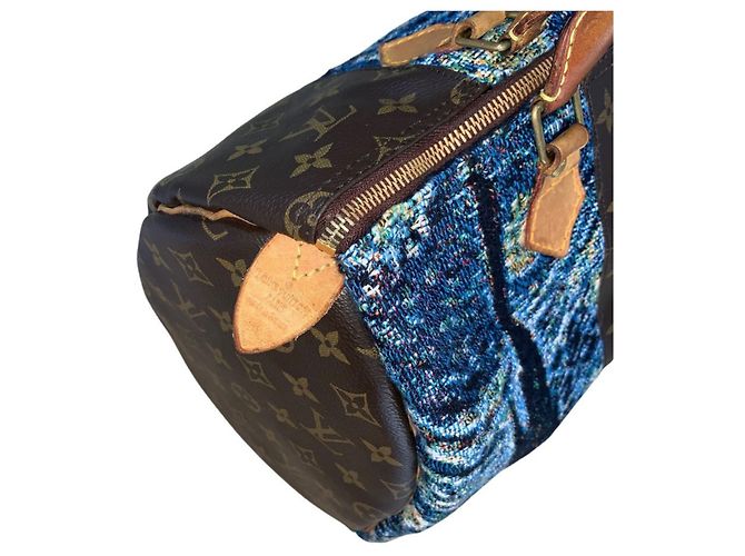 Louis Vuitton Speedy 35 The Starry Night Custom Van Gogh Borsa Marrone Bianco Blu Giallo - vista 7