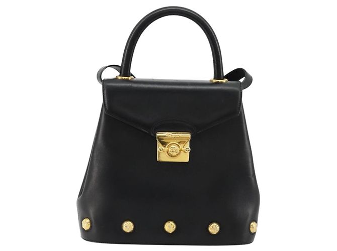 Bolsa Salvatore Ferragamo Gancini de Couro 2way Preto Ouro Auth 181422A Dourado - vista 13