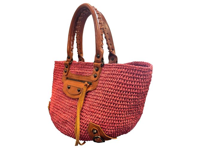 Borsa a mano Balenciaga in rafia rosa e pelle marrone - vista 2