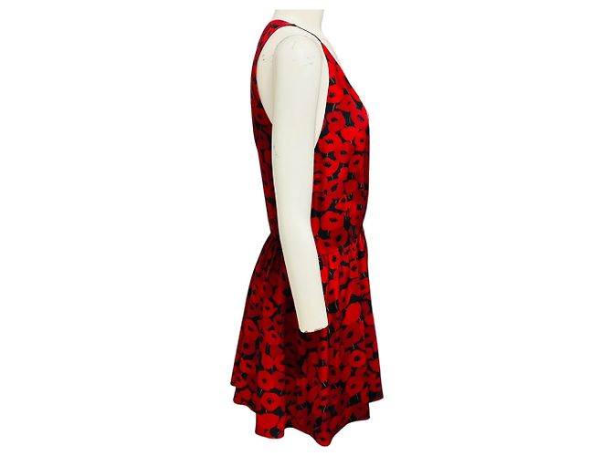 Ärmelloses Saint Laurent Mini-Wickelkleid aus bedruckter Seide Rot / Schwarz - Ansicht 2