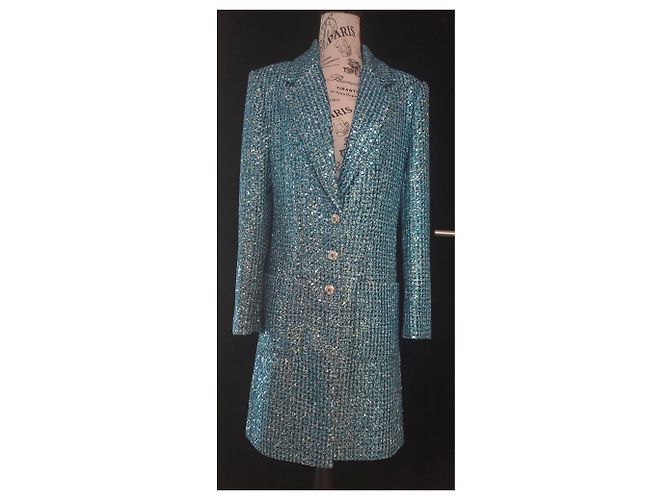 Abrigo Chanel de Tweed con lentejuelas azul - vista 2