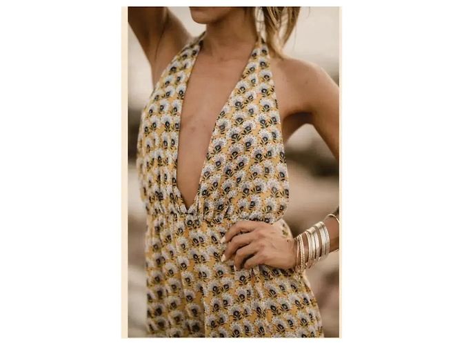 Autre Marque Vestido Maxi Amarillo Estampado Floral Negro Blanco Azul - vista 5