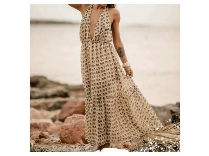 Autre Marque Vestido Maxi Amarillo Estampado Floral Negro Blanco Azul - vista 7