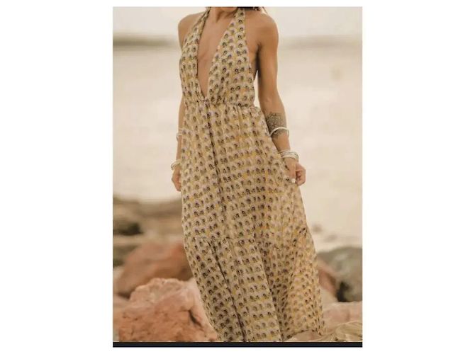 Autre Marque Vestido Maxi Amarillo Estampado Floral Negro Blanco Azul - vista 8