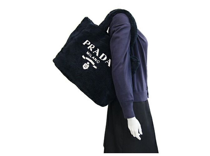 Prada Terry 1BG130 Tote Bag Schwarz Polyester Weiß - Ansicht 9