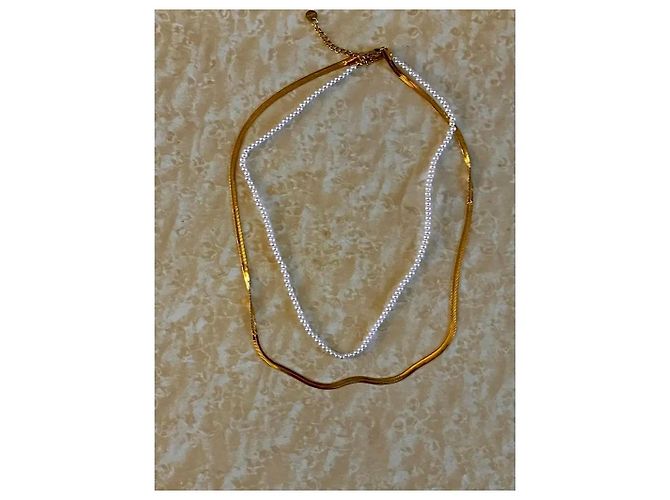 Autre Marque Collana a doppio filo con perle e catena snake dorata Bianco D'oro - vista 3
