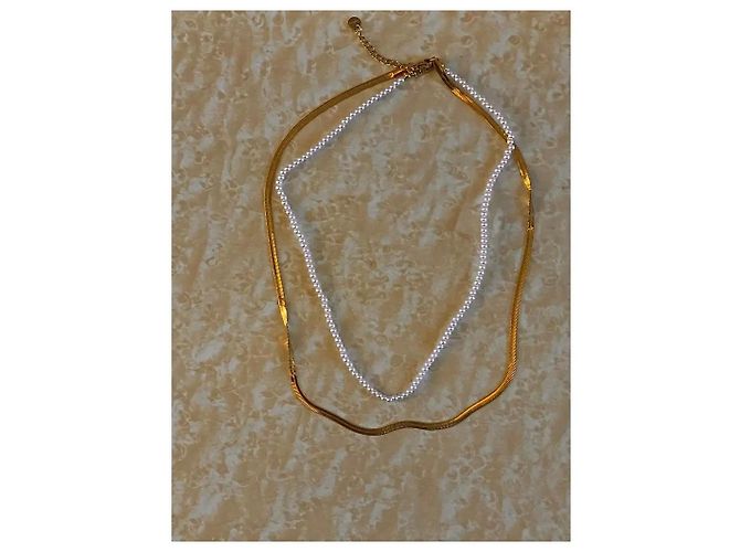 Autre Marque Collana a doppio filo con perle e catena snake dorata Bianco D'oro - vista 4
