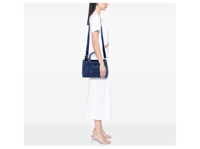 Borsa Prada Blue Small Canvas Canapa Logo Blu scuro - vista 6