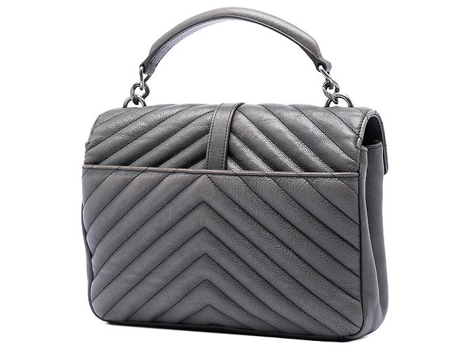 Sac College Saint Laurent en peau de mouton Chevron gris avec monogramme, taille Medium Marron - vue 2
