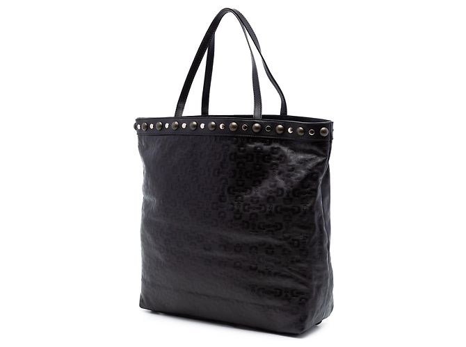 Tote Gucci in pelle nera goffrata con borchie e morsetto Nero - vista 2