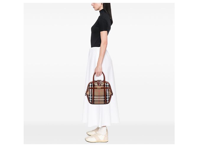Borsa Burberry Brown Medium House Check Canvas Bridle Orchard Marrone Marrone chiaro - vista 6