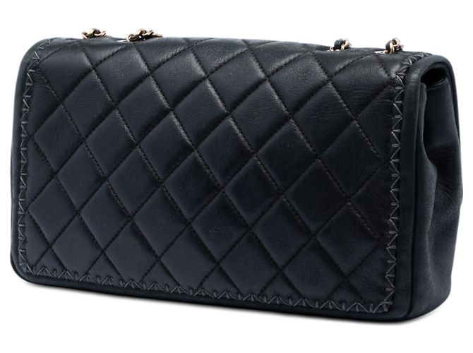 Chanel Black CC gestepptes irisierendes Kalbsleder Whipstitch Single Flap Schwarz - Ansicht 2