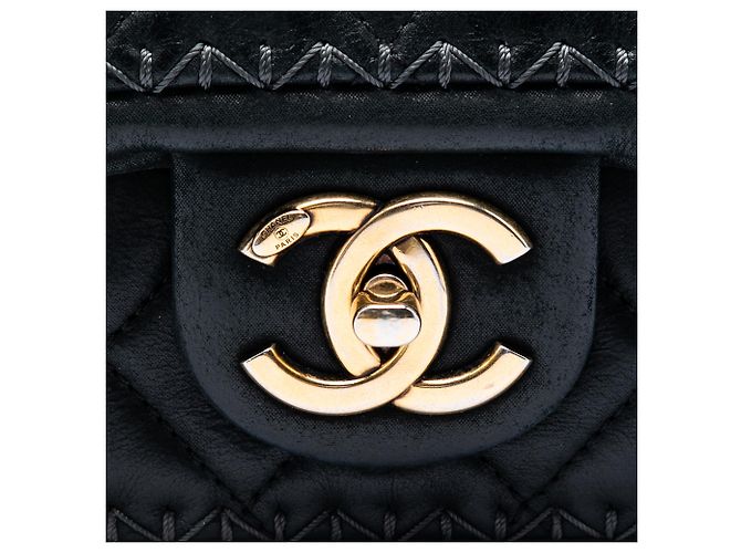 Chanel Black CC gestepptes irisierendes Kalbsleder Whipstitch Single Flap Schwarz - Ansicht 5