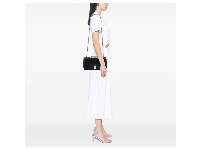 Chanel Black CC gestepptes irisierendes Kalbsleder Whipstitch Single Flap Schwarz - Ansicht 6
