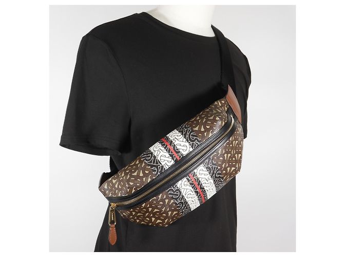 Marsupio Burberry TB Monogram Stripe E Canvas Marrone - vista 20