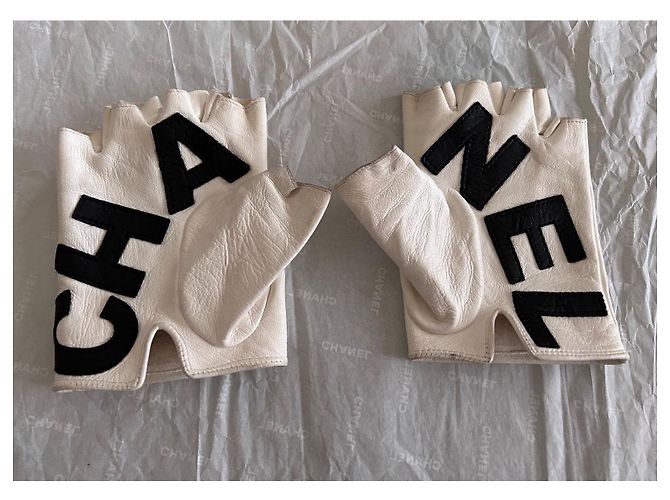 Chanel Guantes sin dedos de piel Negro Blanco - vista 11
