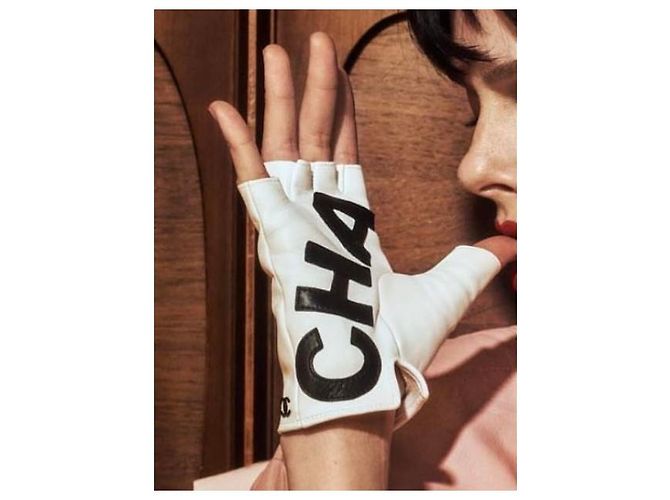 Chanel Guantes sin dedos de piel Negro Blanco - vista 12