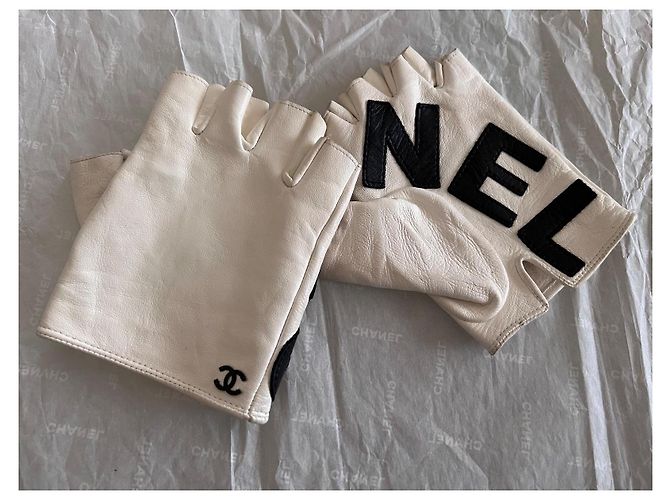 Chanel Guantes sin dedos de piel Negro Blanco - vista 6
