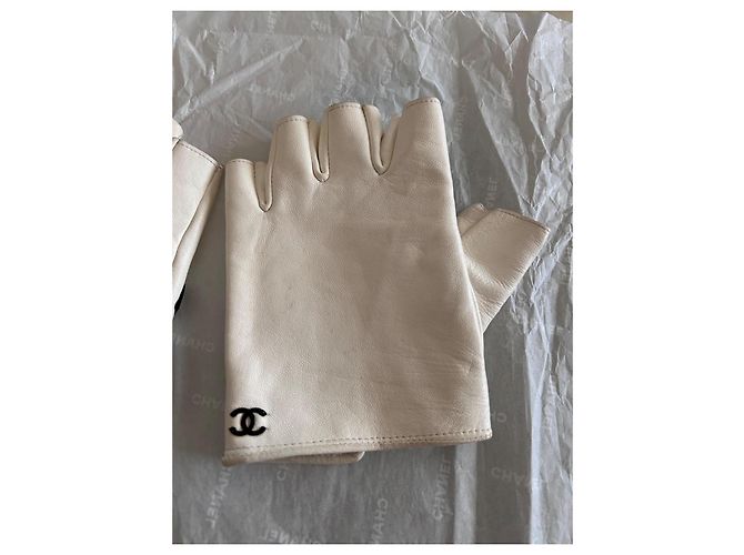 Chanel Guantes sin dedos de piel Negro Blanco - vista 7