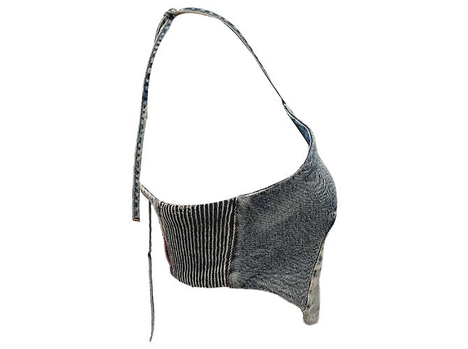 Alessandra Rich Top corto halter ricamente adornado con cristales Alessanra en algodón azul denim - vista 2