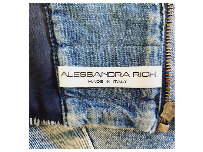 Alessandra Rich Top corto halter ricamente adornado con cristales Alessanra en algodón azul denim - vista 6