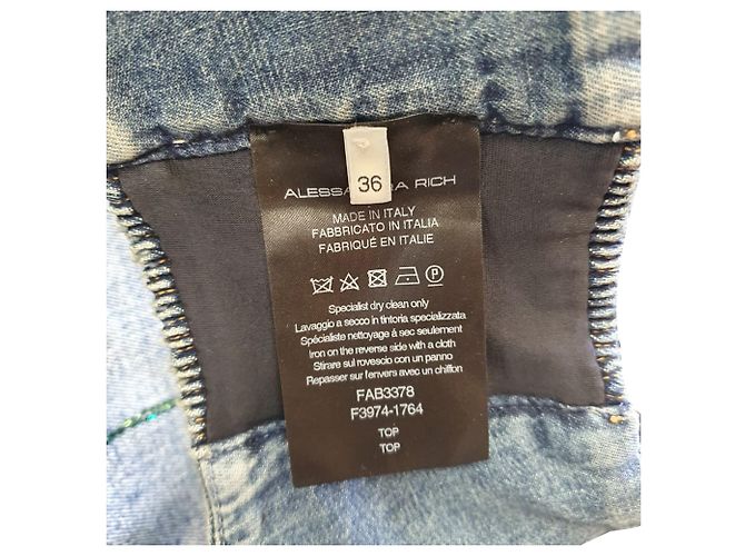 Alessandra Rich Top corto halter ricamente adornado con cristales Alessanra en algodón azul denim - vista 7