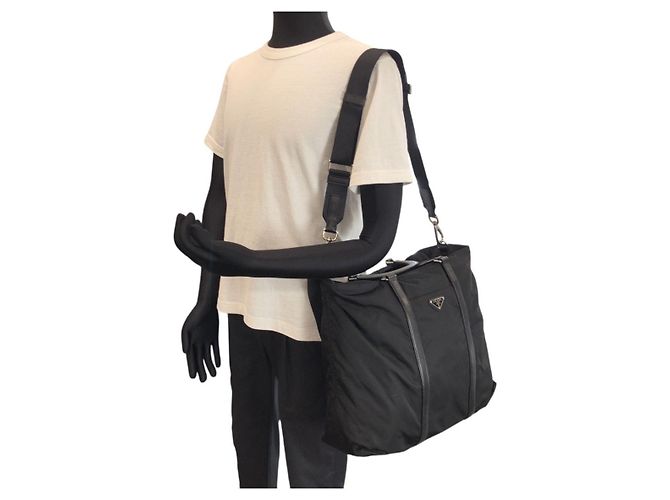 Borsa Tote 2way in Nylon e Pelle Tessuto Prada Nero - vista 7