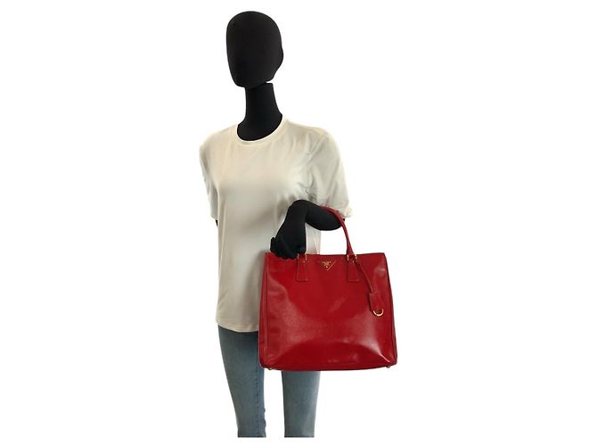 Prada Saffiano Leder Triangle Logo Tote Bag Rot - Ansicht 8