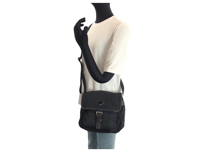 Borsa a tracolla Prada Nylon Leather Tessuto Triangle Logo Nero - vista 5