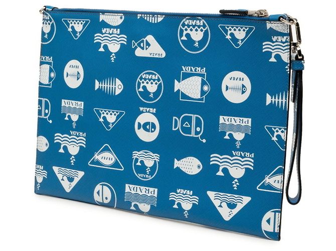 Saffiano Clutch e Borsa a Spalla Prada Brick Marine Style Bianco Blu - vista 2