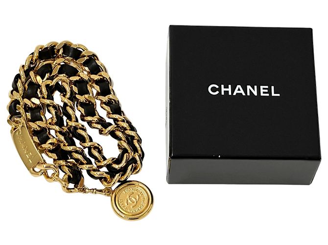 Chanel Cambon Ledergürtel mit Kette für Damen Schwarz Golden - Ansicht 5