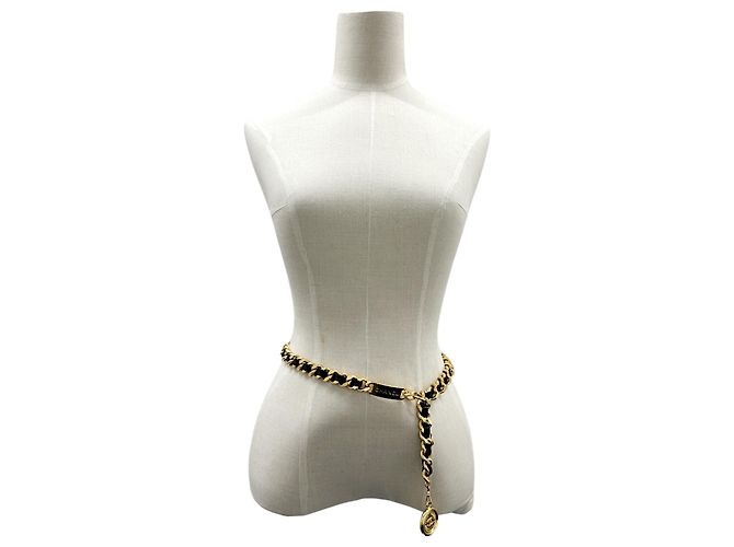 Chanel Cambon Ledergürtel mit Kette für Damen Schwarz Golden - Ansicht 6