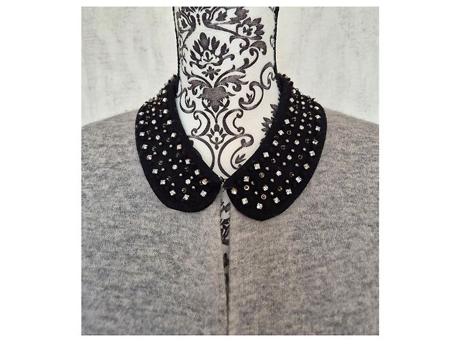 Maje Angorawolle Cardigan Weste Grau Peter Pan Kragen T38 Schwarz - Ansicht 2