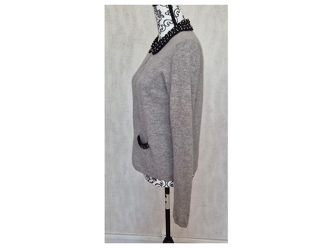 Maje Angorawolle Cardigan Weste Grau Peter Pan Kragen T38 Schwarz - Ansicht 4