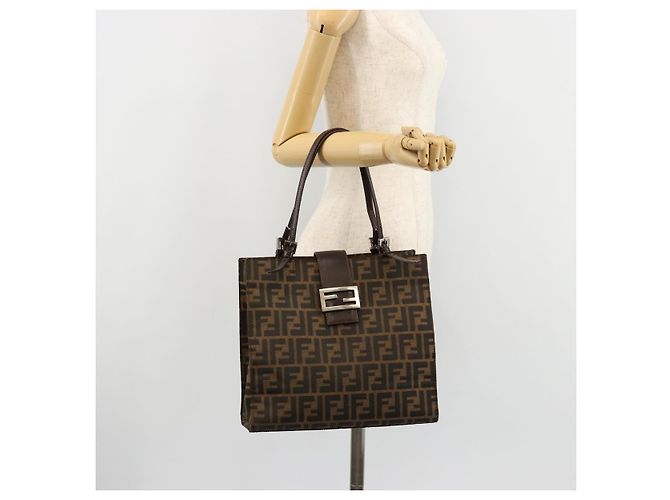 FENDI Zucca Canvas Mamma Baguette Tote Bag Black Brown Auth 182074 Marrone Nero - vista 26