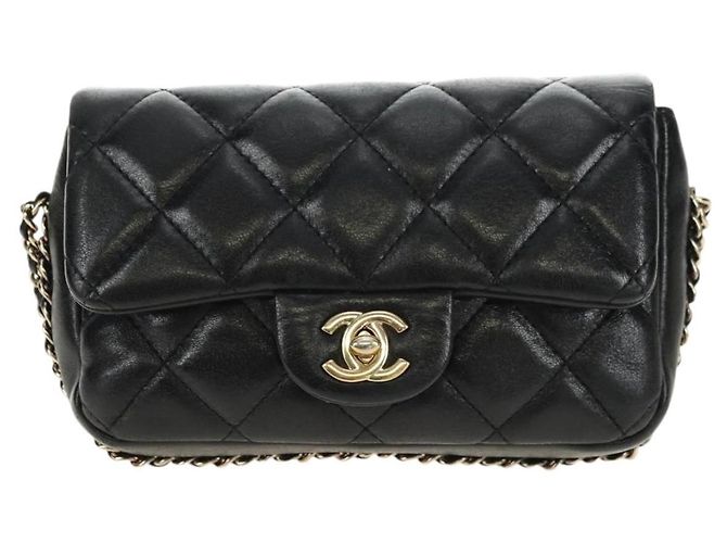 CHANEL Matelasse Pearl Chain Shoulder Bag Lamb Skin Black Gold CC Auth ka4643M Nero D'oro - vista 2