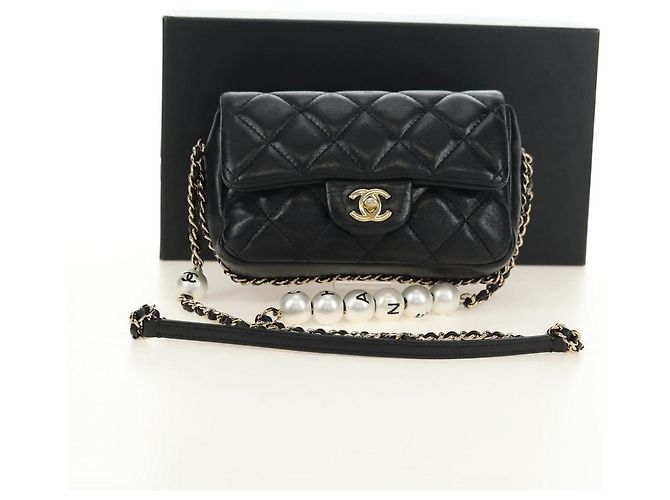 CHANEL Matelasse Pearl Chain Shoulder Bag Lamb Skin Black Gold CC Auth ka4643M Nero D'oro - vista 30